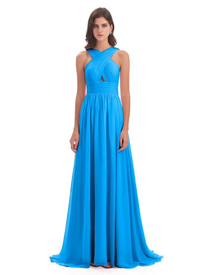 Desiree A-line Sweep Train Chiffon Long Bridesmaid Dresses
