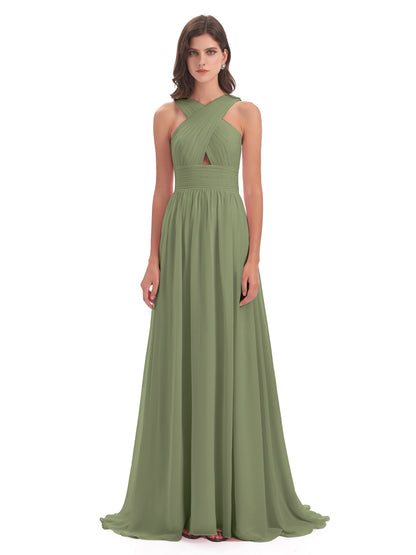 Desiree A-line Sweep Train Chiffon Long Bridesmaid Dresses