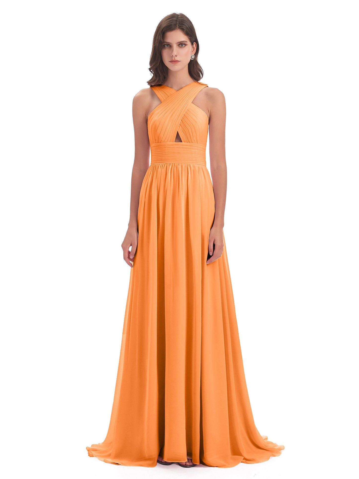 Desiree A-line Sweep Train Chiffon Long Bridesmaid Dresses