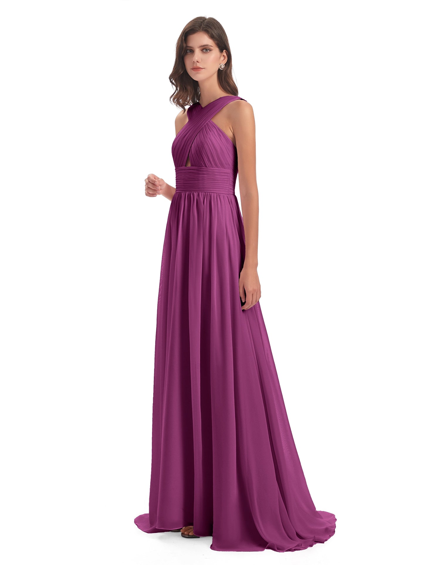 Desiree A-line Sweep Train Chiffon Long Bridesmaid Dresses