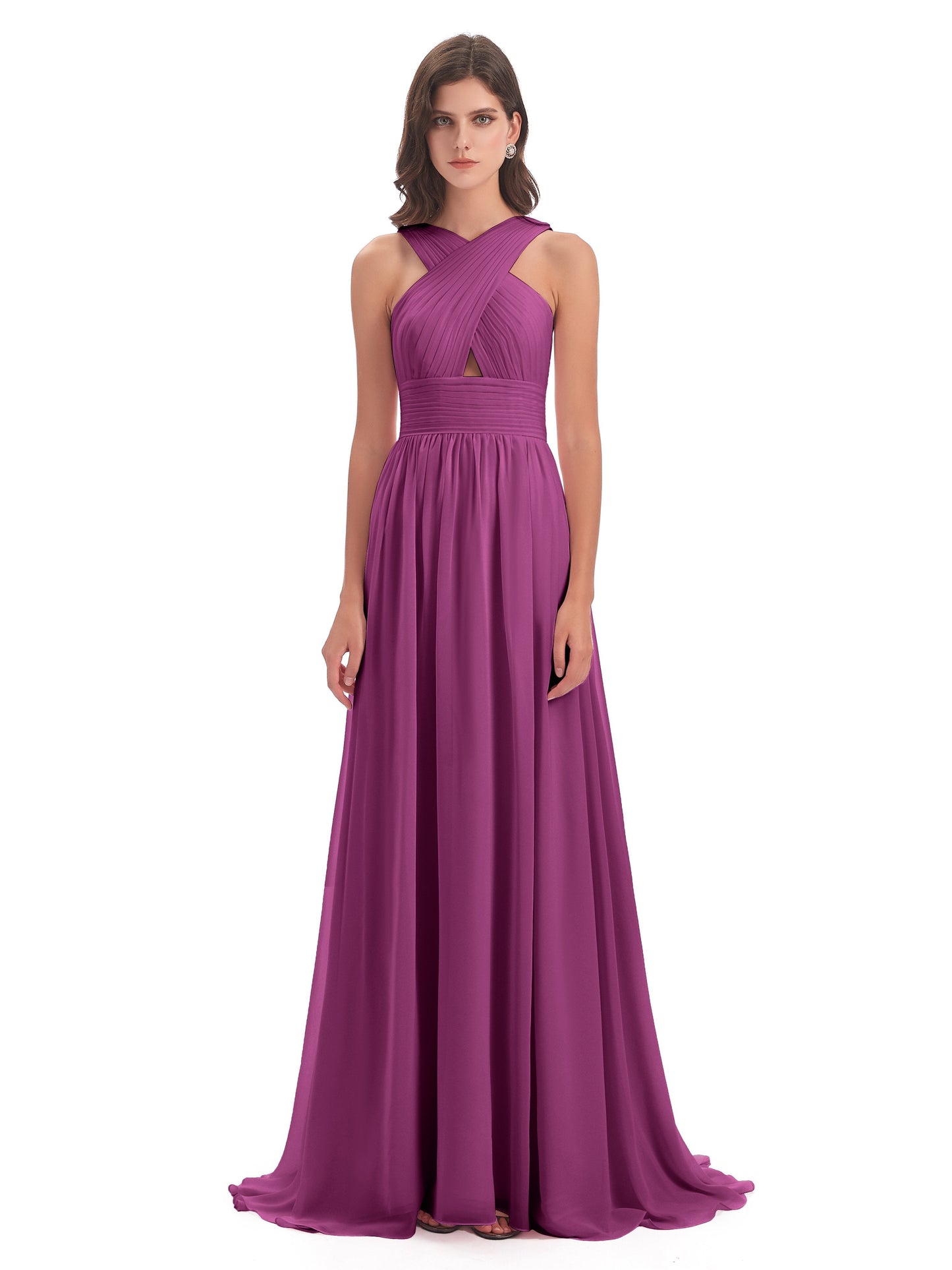 Desiree A-line Sweep Train Chiffon Long Bridesmaid Dresses