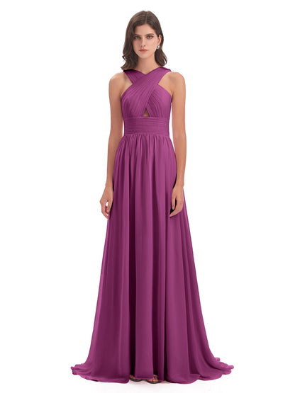 Desiree A-line Sweep Train Chiffon Long Bridesmaid Dresses