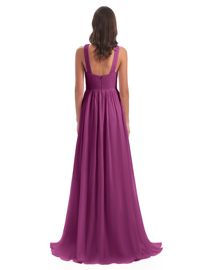 Desiree A-line Sweep Train Chiffon Long Bridesmaid Dresses