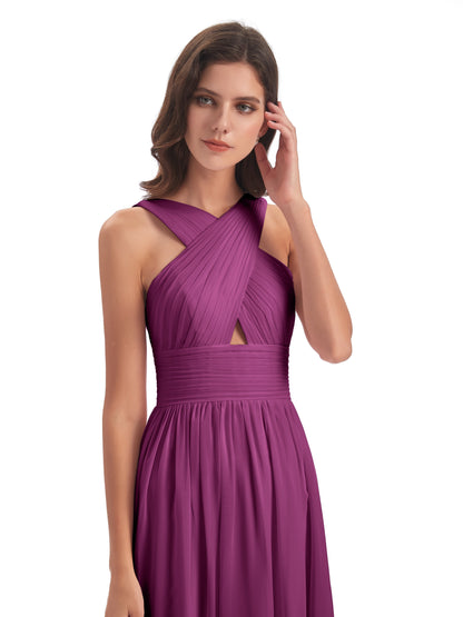 Desiree A-line Sweep Train Chiffon Long Bridesmaid Dresses