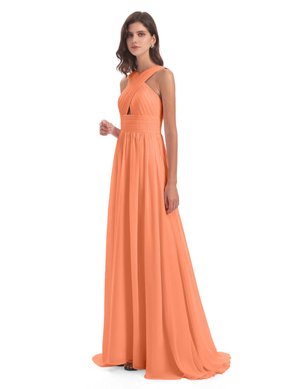 Desiree A-line Sweep Train Chiffon Long Bridesmaid Dresses