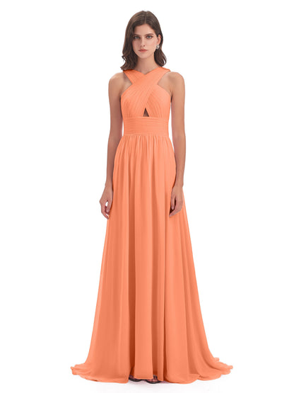 Desiree A-line Sweep Train Chiffon Long Bridesmaid Dresses
