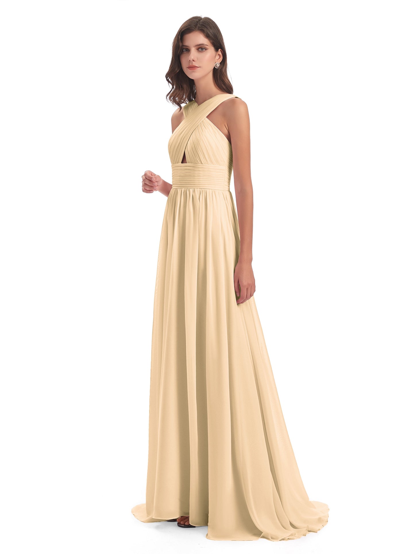 Desiree A-line Sweep Train Chiffon Long Bridesmaid Dresses