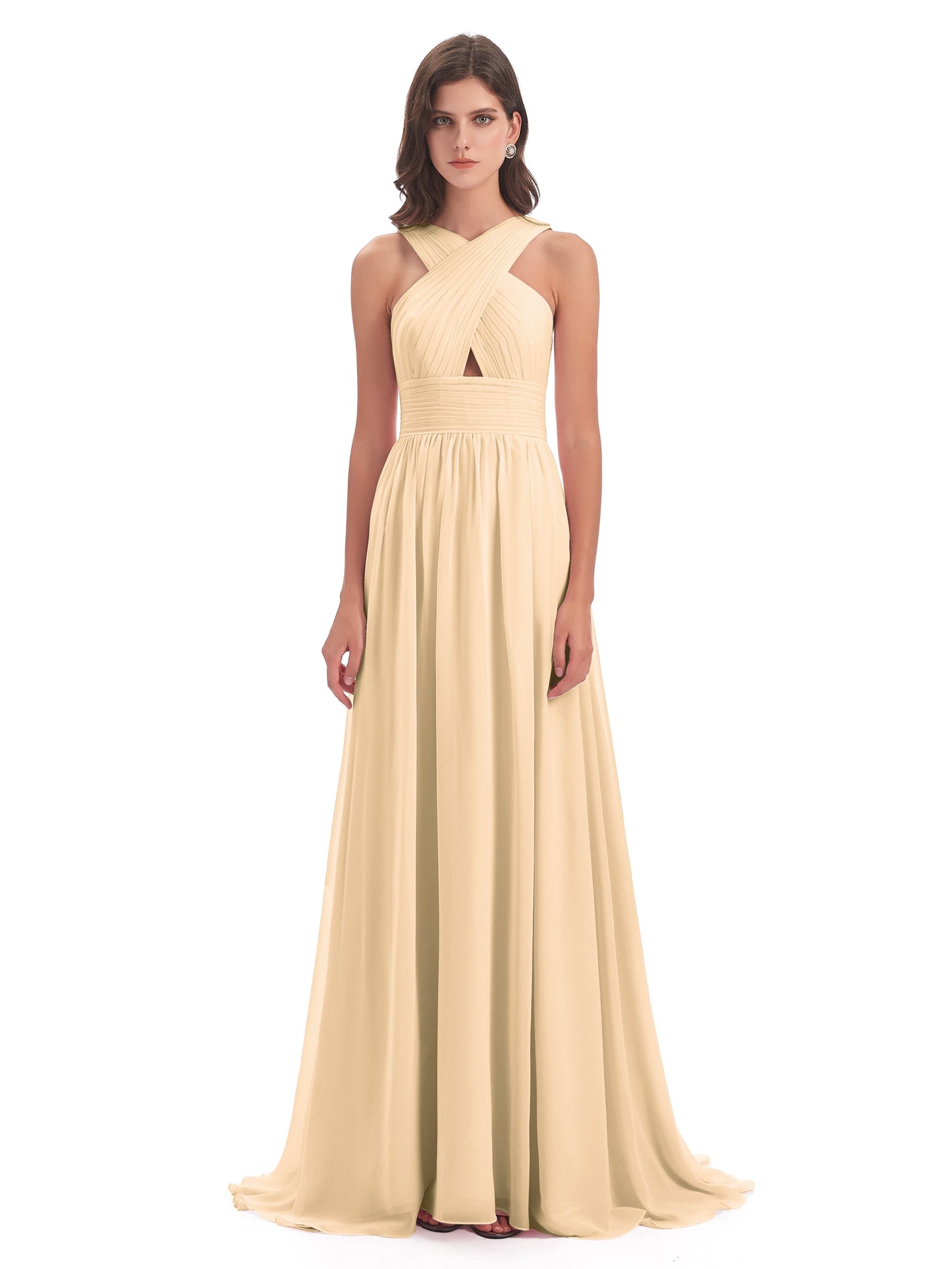 Desiree A-line Sweep Train Chiffon Long Bridesmaid Dresses