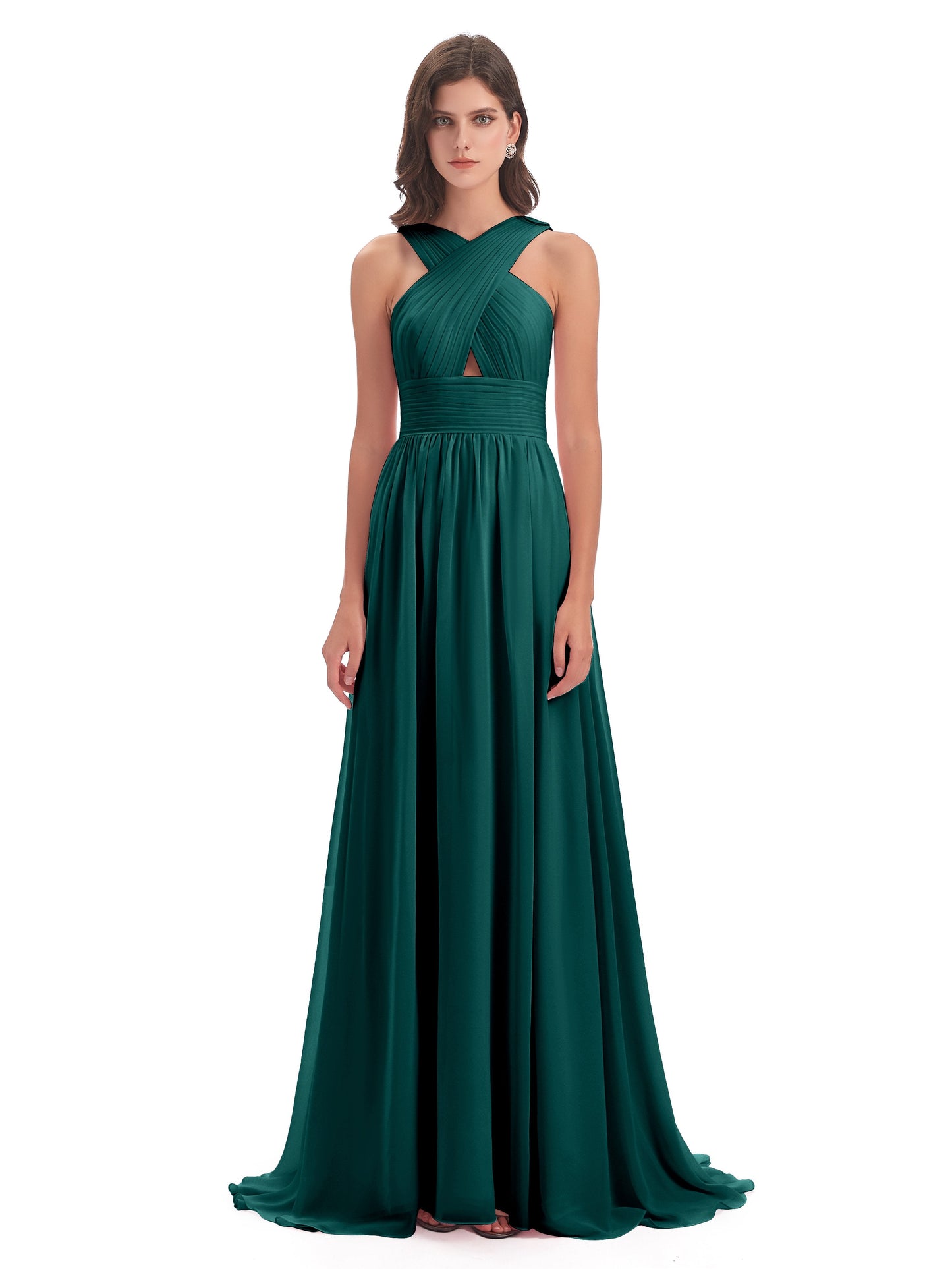 Desiree A-line Sweep Train Chiffon Long Bridesmaid Dresses