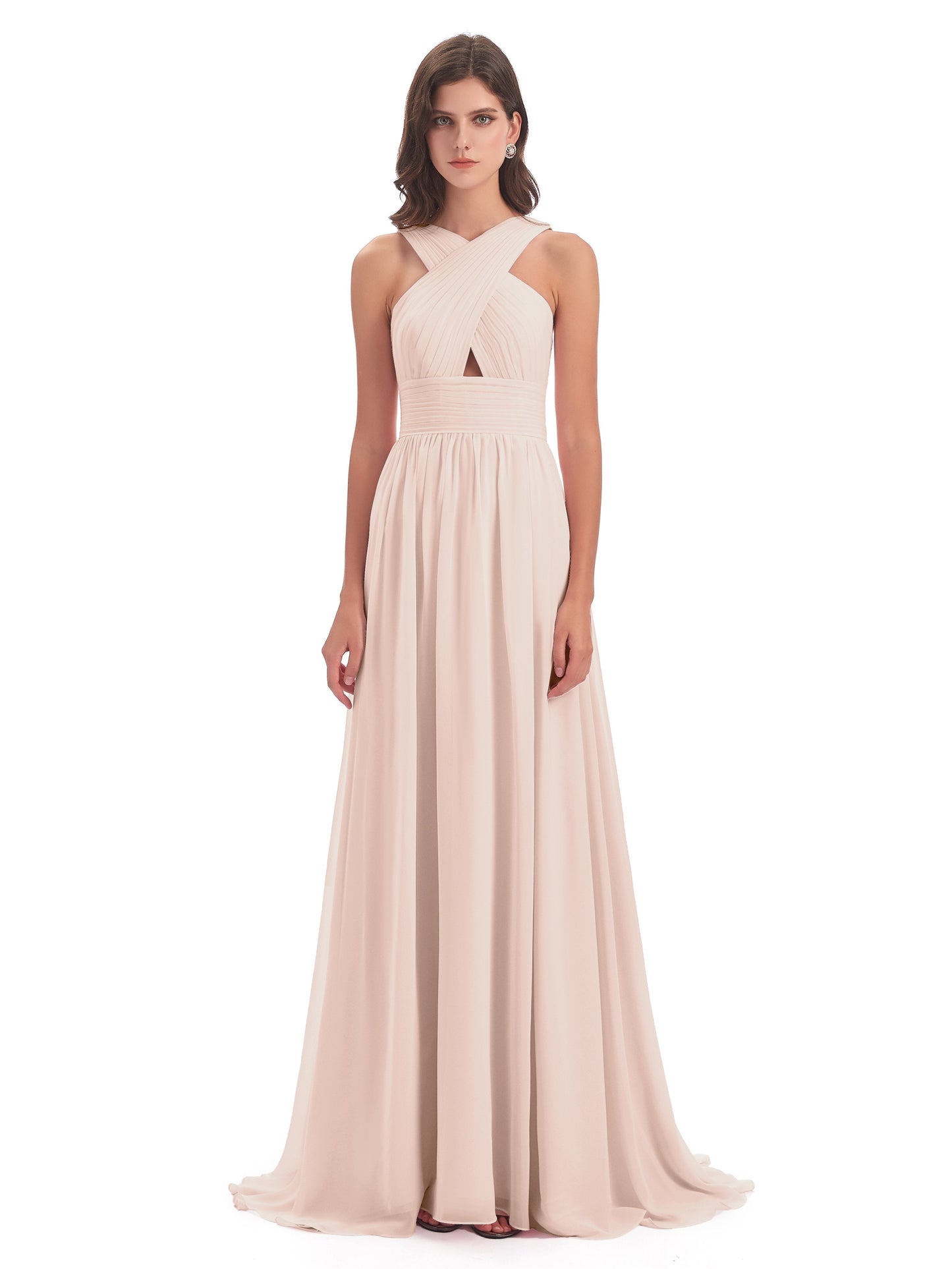 Desiree A-line Sweep Train Chiffon Long Bridesmaid Dresses