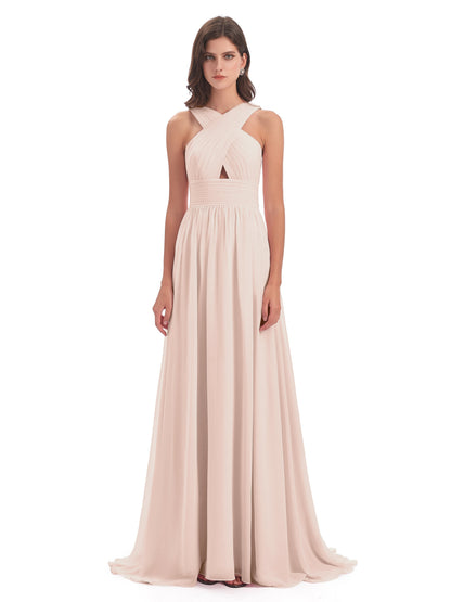Desiree A-line Sweep Train Chiffon Long Bridesmaid Dresses