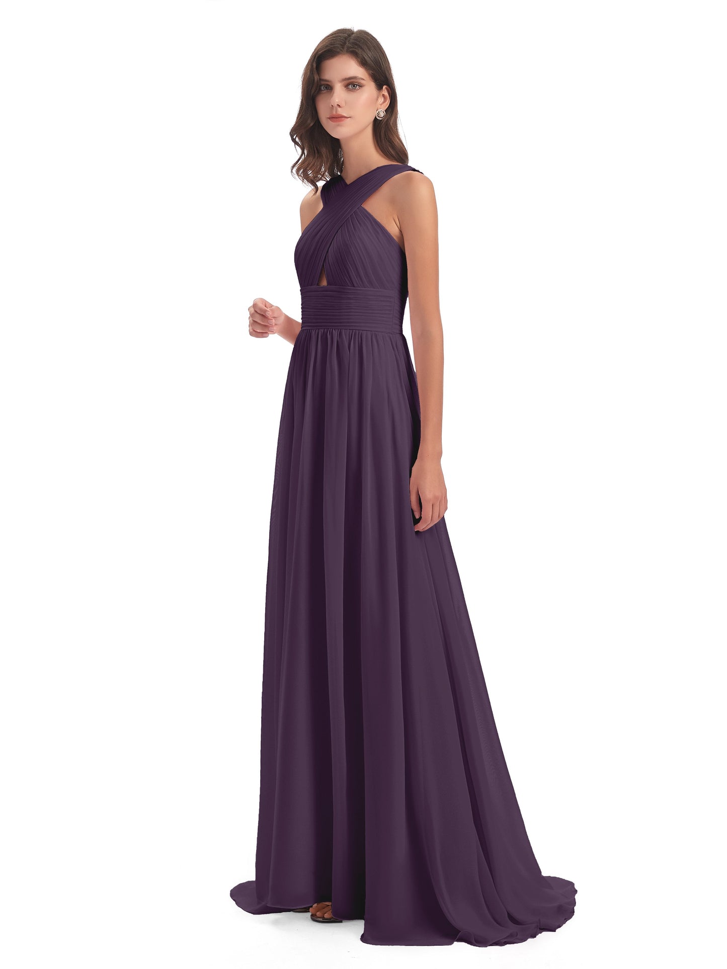 Desiree A-line Sweep Train Chiffon Long Bridesmaid Dresses