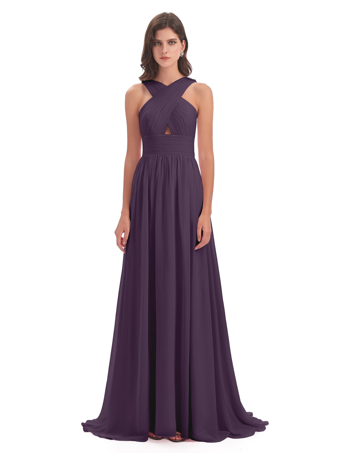 Desiree A-line Sweep Train Chiffon Long Bridesmaid Dresses
