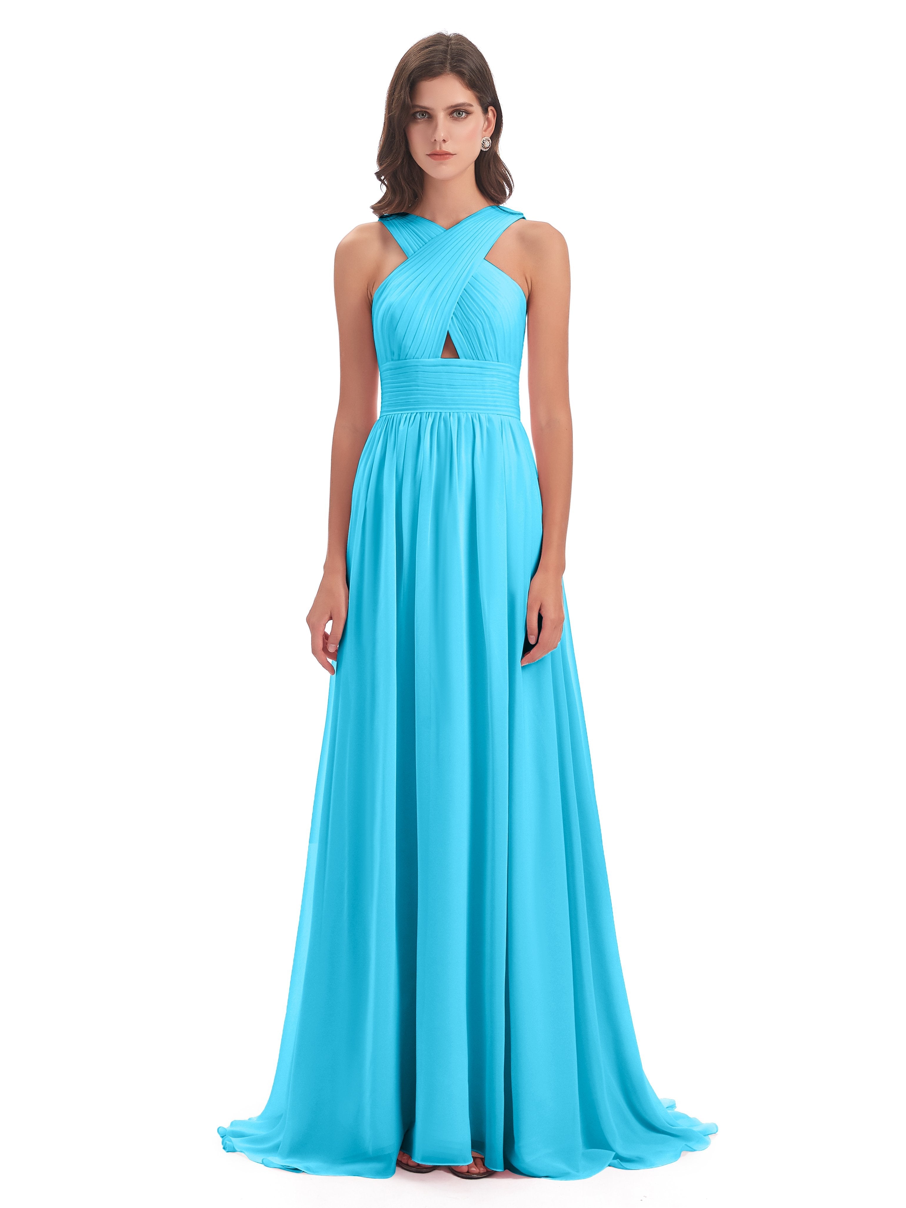 Desiree A-line Sweep Train Chiffon Long Bridesmaid Dresses