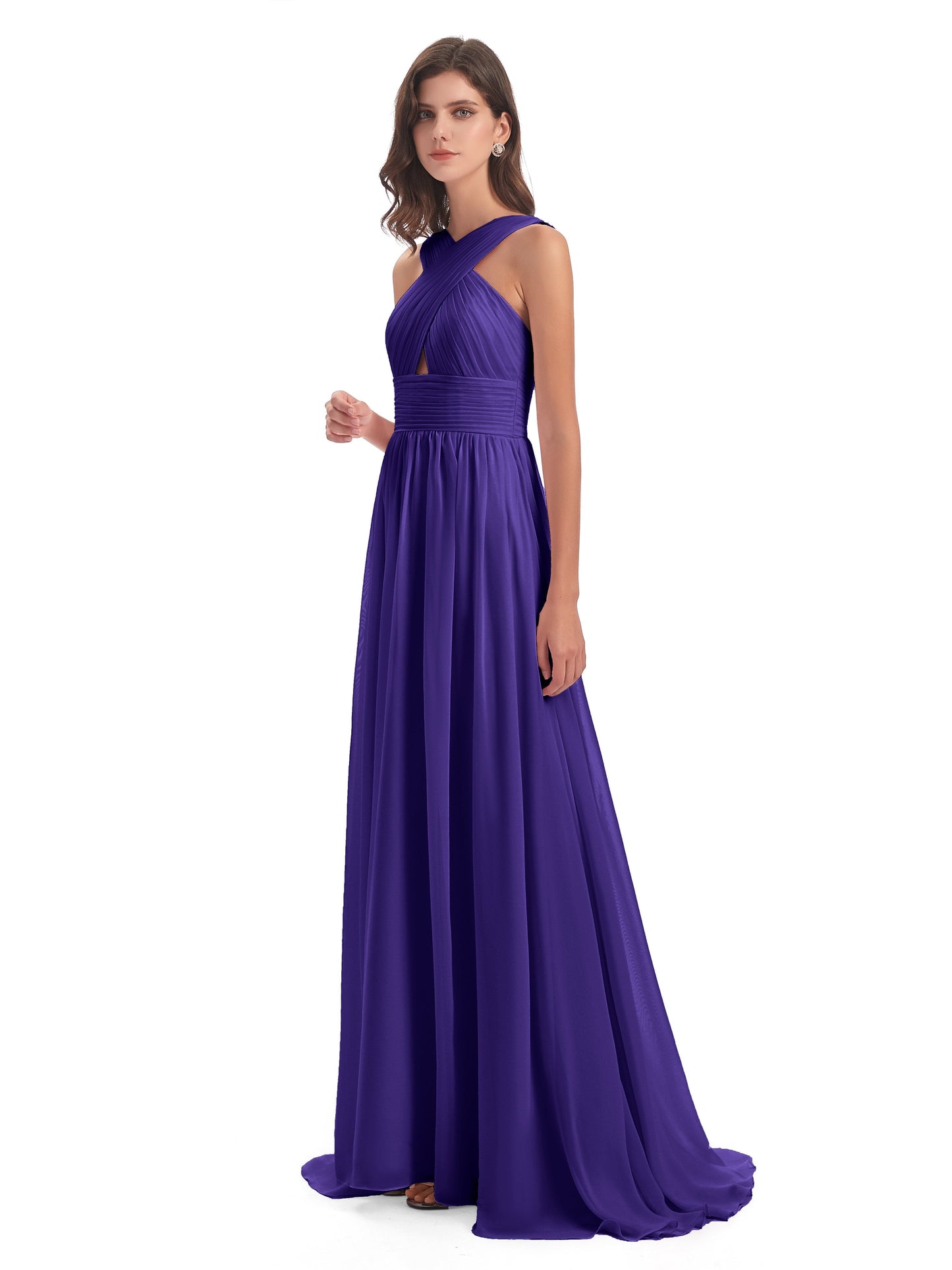 Desiree A-line Sweep Train Chiffon Long Bridesmaid Dresses