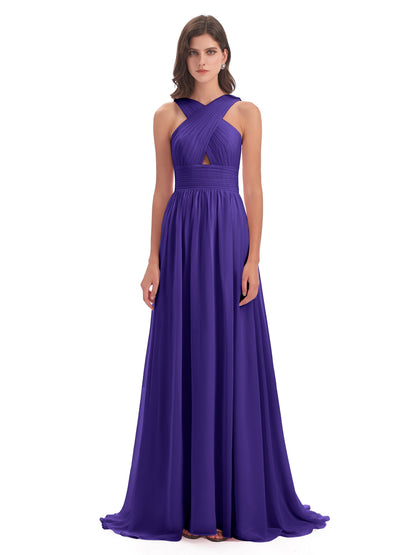 Desiree A-line Sweep Train Chiffon Long Bridesmaid Dresses