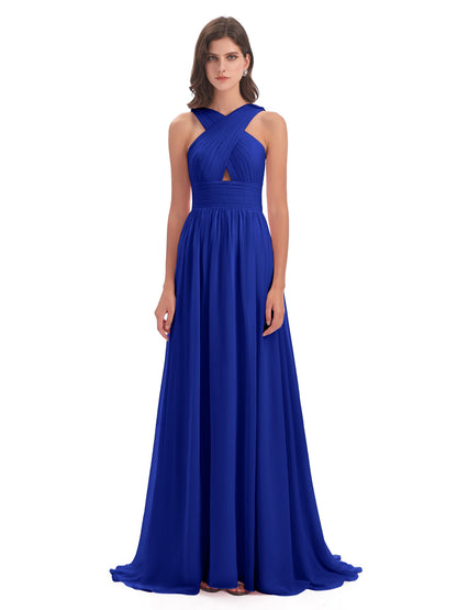 Desiree A-line Sweep Train Chiffon Long Bridesmaid Dresses