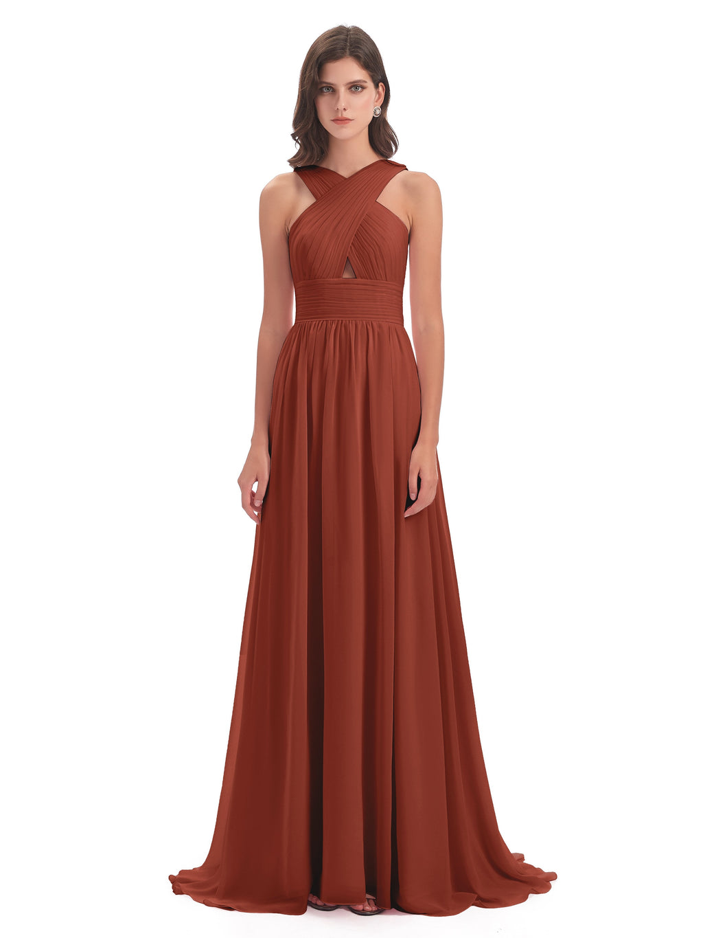 Desiree A-line Sweep Train Chiffon Long Bridesmaid Dresses