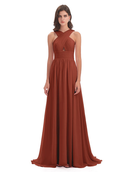 Desiree A-line Sweep Train Chiffon Long Bridesmaid Dresses