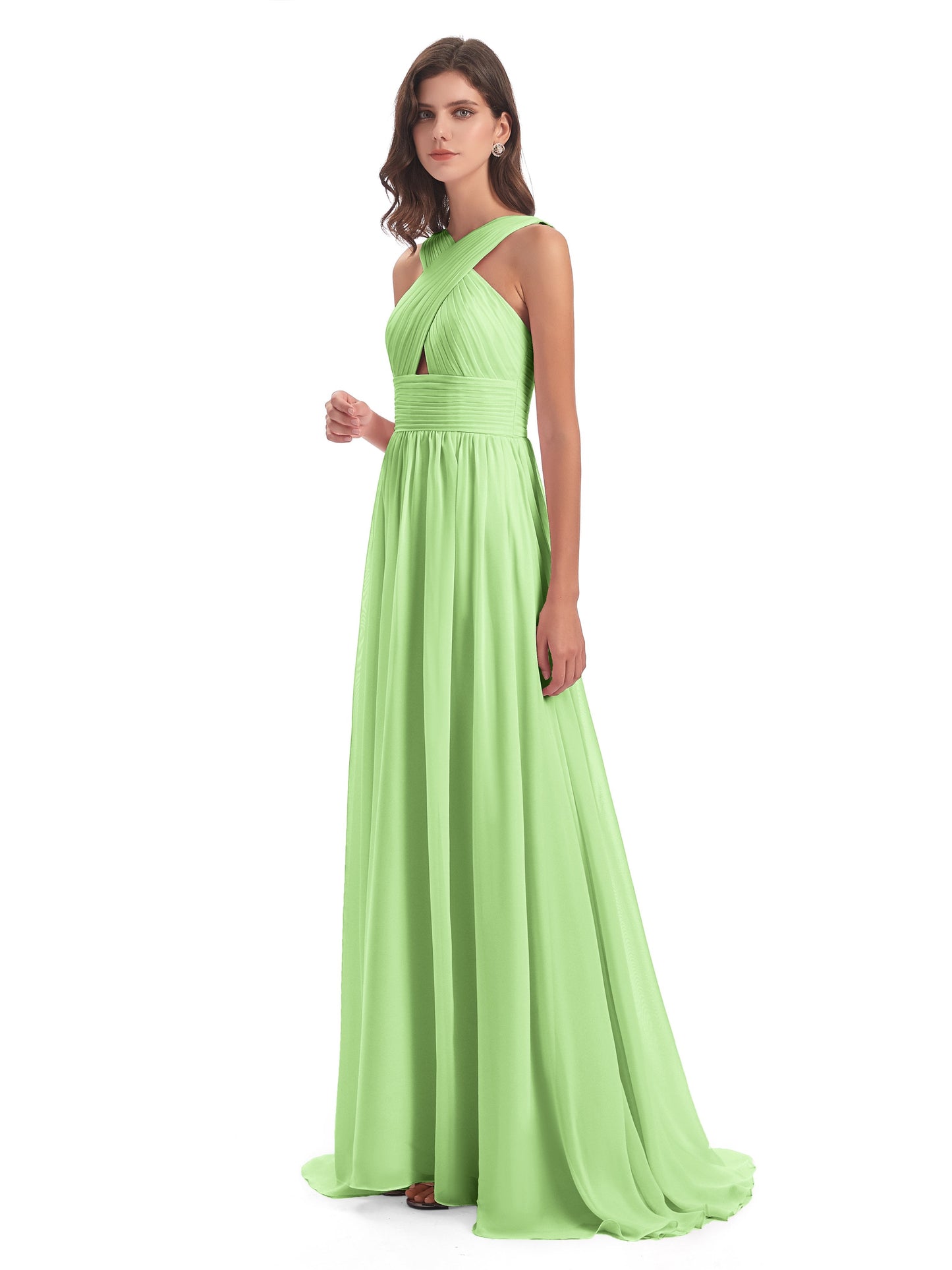 Desiree A-line Sweep Train Chiffon Long Bridesmaid Dresses