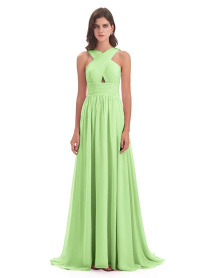 Desiree A-line Sweep Train Chiffon Long Bridesmaid Dresses