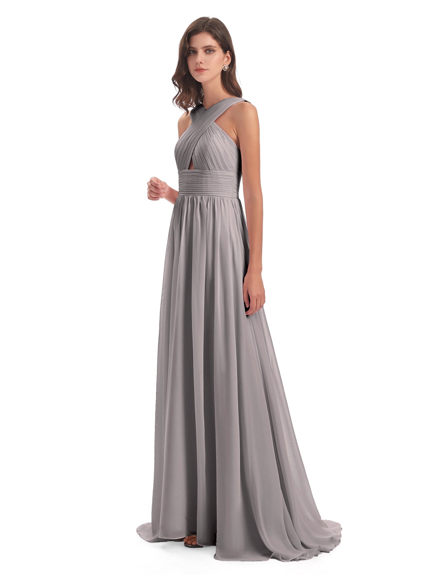 Desiree A-line Sweep Train Chiffon Long Bridesmaid Dresses