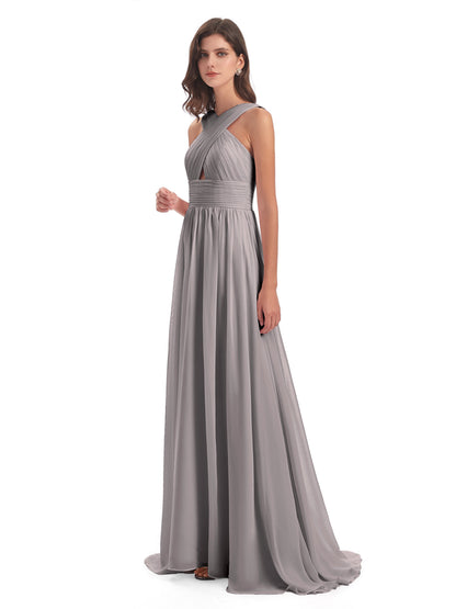 Desiree A-line Sweep Train Chiffon Long Bridesmaid Dresses