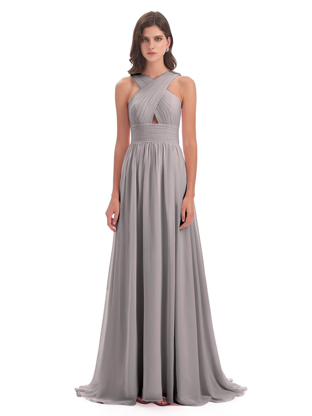 Desiree A-line Sweep Train Chiffon Long Bridesmaid Dresses