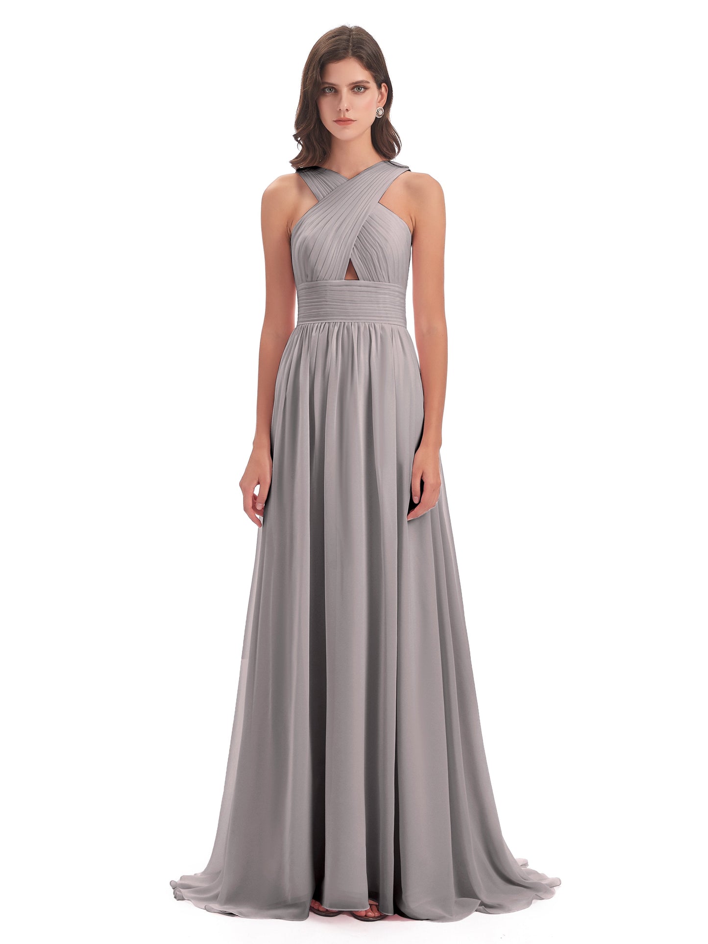 Desiree A-line Sweep Train Chiffon Long Bridesmaid Dresses