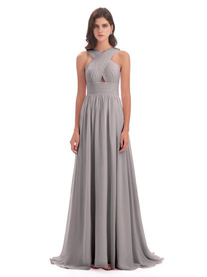 Desiree A-line Sweep Train Chiffon Long Bridesmaid Dresses