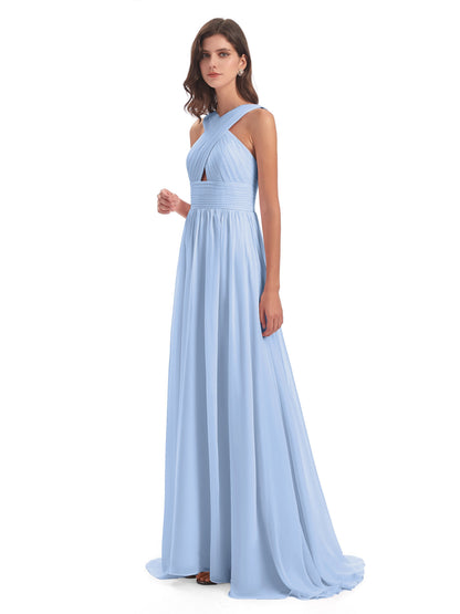 Desiree A-line Sweep Train Chiffon Long Bridesmaid Dresses