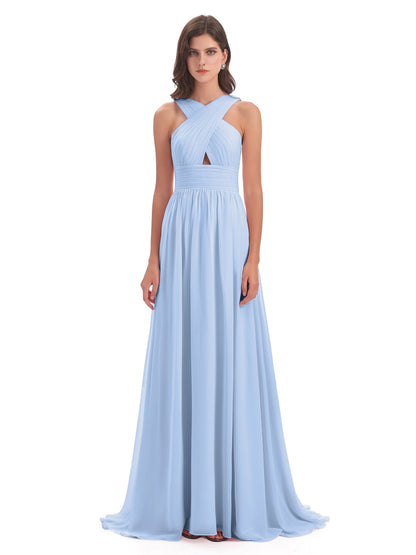 Desiree A-line Sweep Train Chiffon Long Bridesmaid Dresses