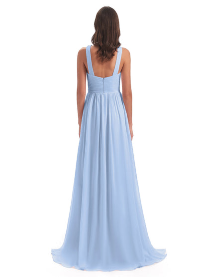 Desiree A-line Sweep Train Chiffon Long Bridesmaid Dresses