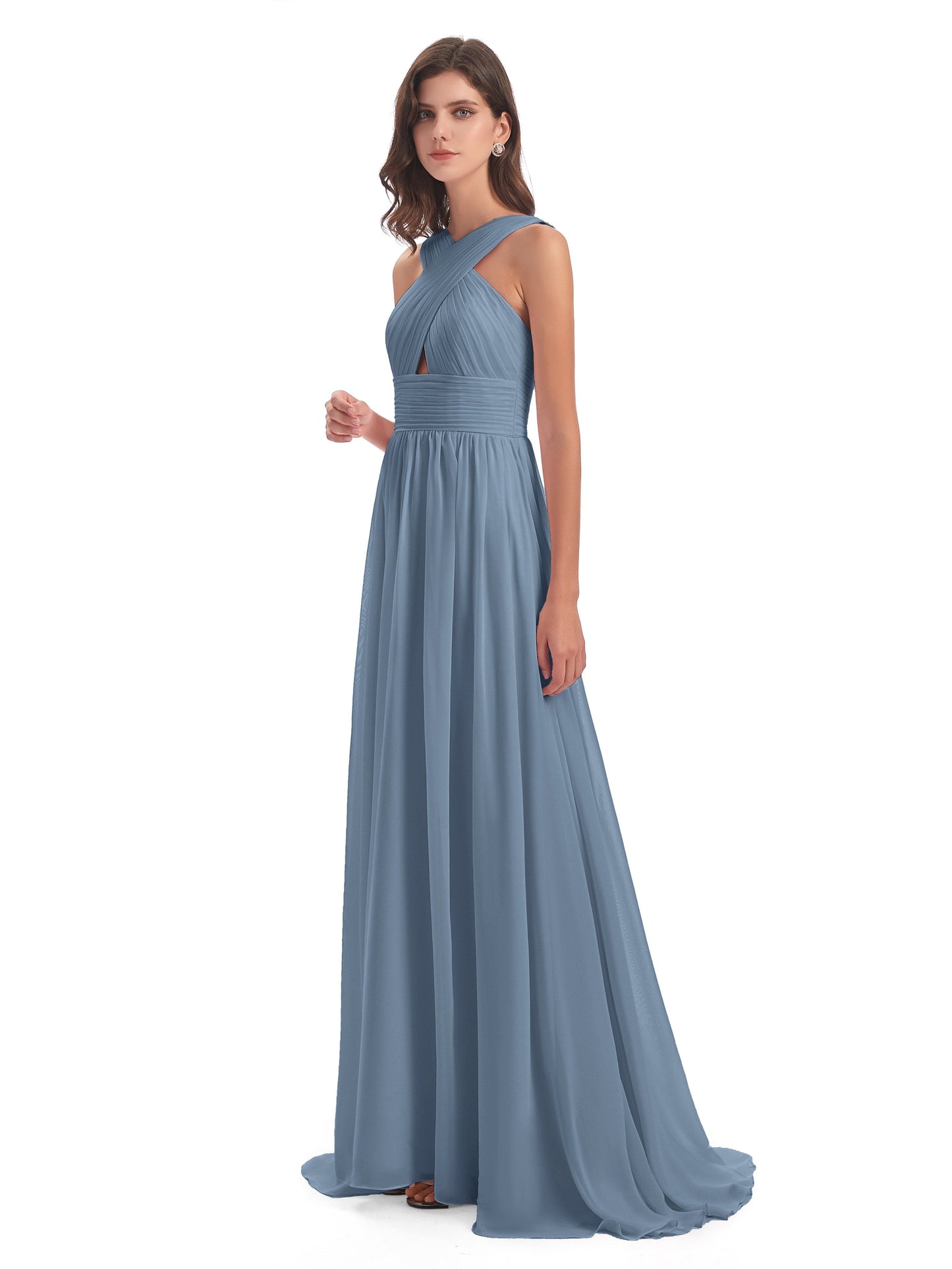 Desiree A-line Sweep Train Chiffon Long Bridesmaid Dresses
