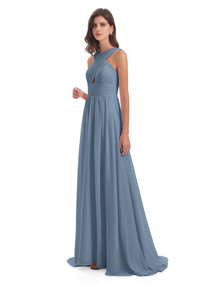 Desiree A-line Sweep Train Chiffon Long Bridesmaid Dresses