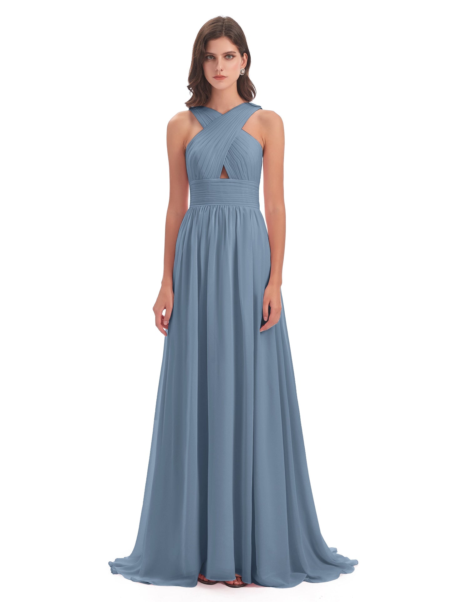 Desiree A-line Sweep Train Chiffon Long Bridesmaid Dresses