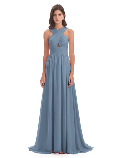 Desiree A-line Sweep Train Chiffon Long Bridesmaid Dresses