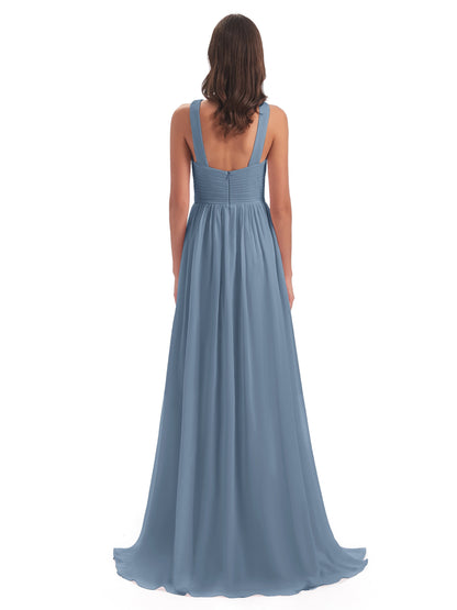 Desiree A-line Sweep Train Chiffon Long Bridesmaid Dresses