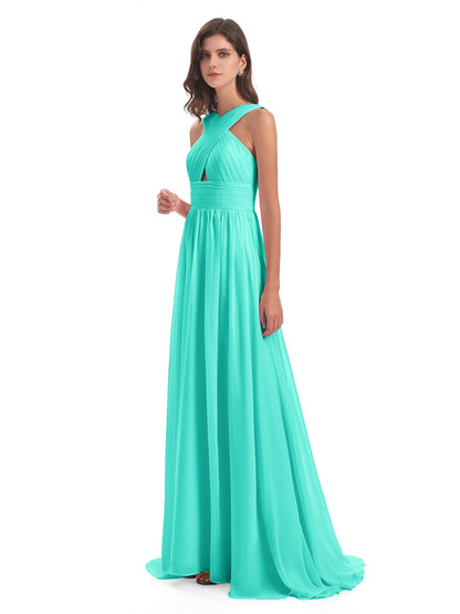 Desiree A-line Sweep Train Chiffon Long Bridesmaid Dresses