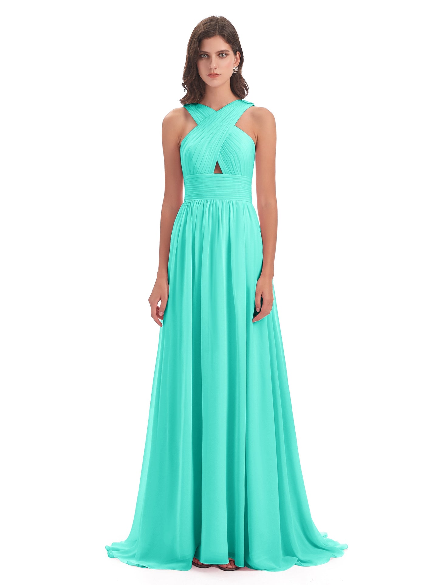 Desiree A-line Sweep Train Chiffon Long Bridesmaid Dresses