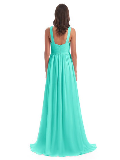 Desiree A-line Sweep Train Chiffon Long Bridesmaid Dresses
