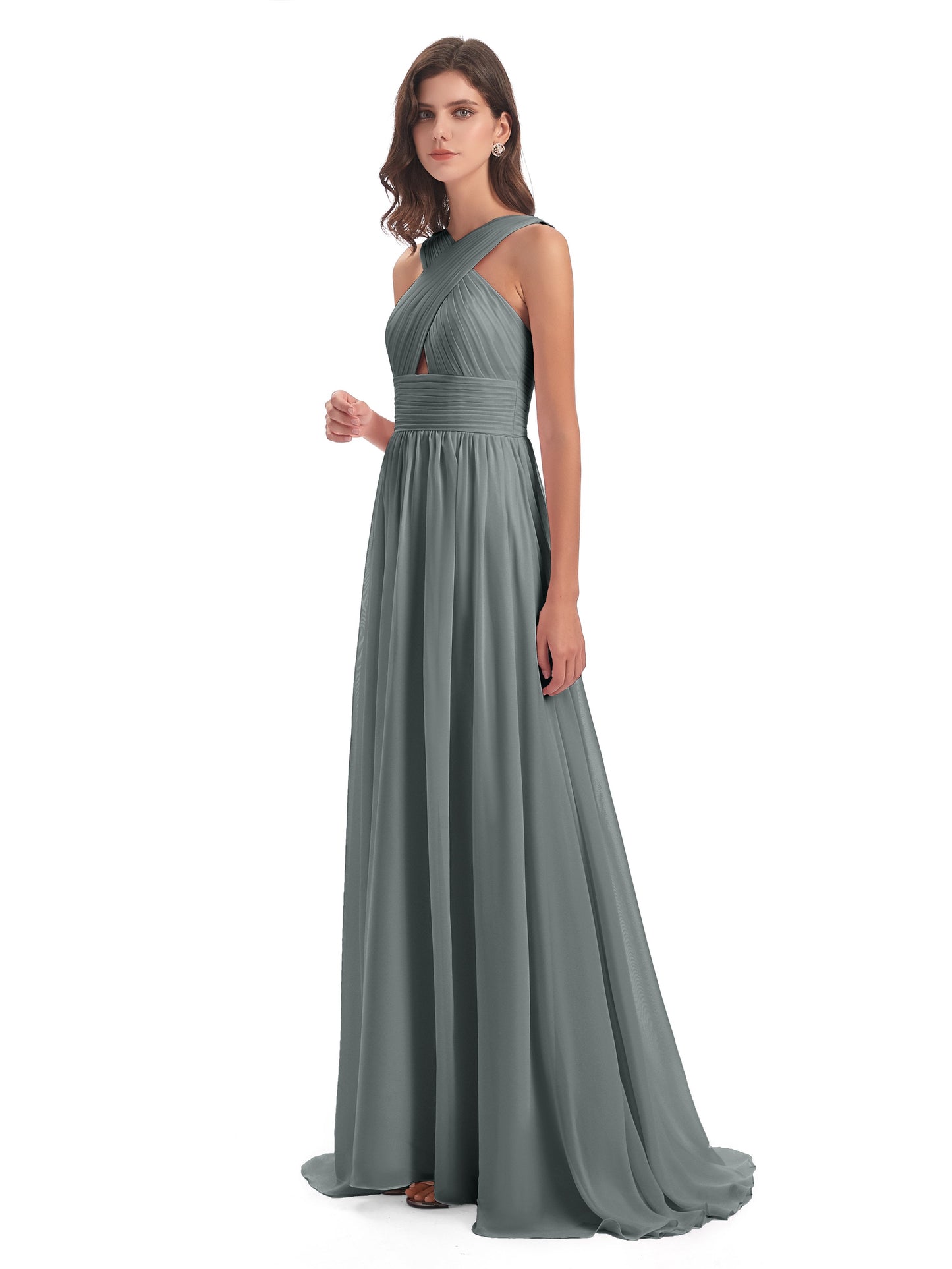 Desiree A-line Sweep Train Chiffon Long Bridesmaid Dresses