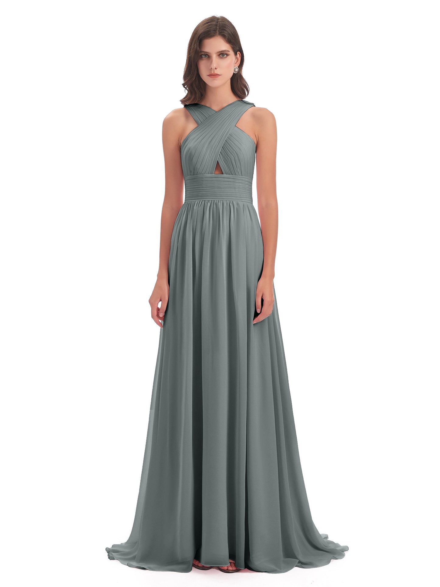 Desiree A-line Sweep Train Chiffon Long Bridesmaid Dresses