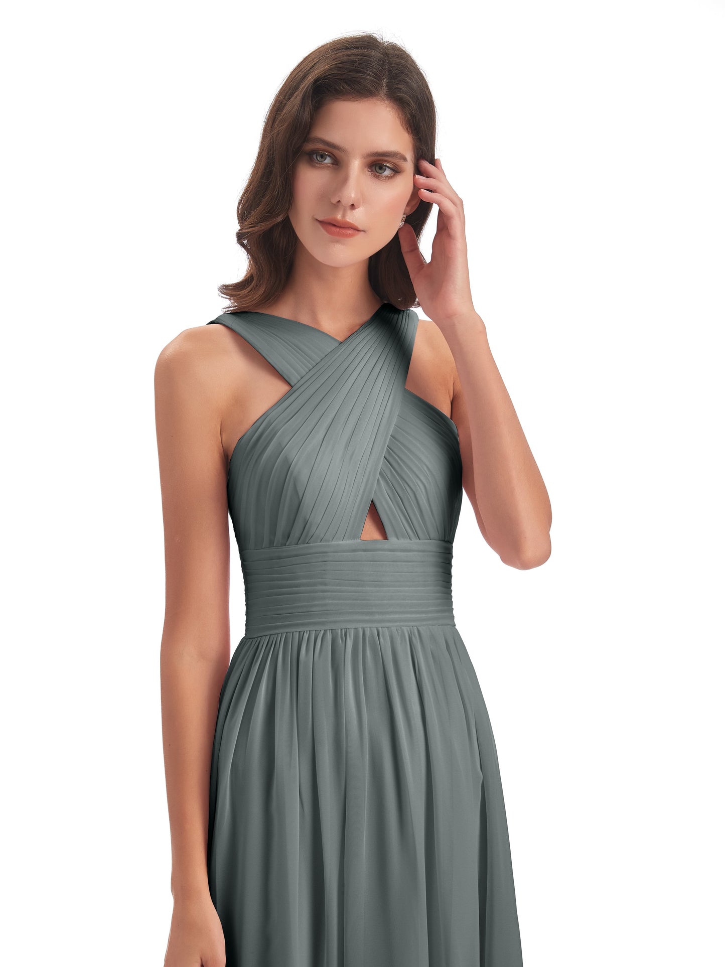 Desiree A-line Sweep Train Chiffon Long Bridesmaid Dresses