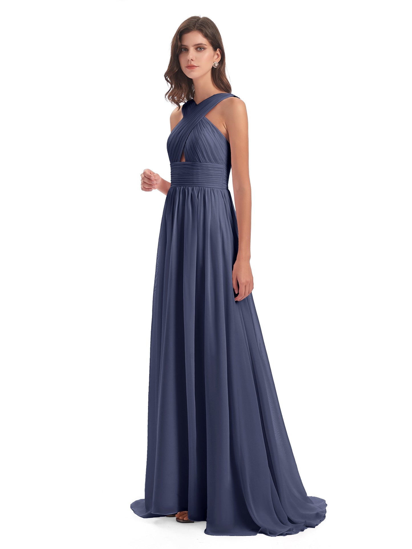 Desiree A-line Sweep Train Chiffon Long Bridesmaid Dresses