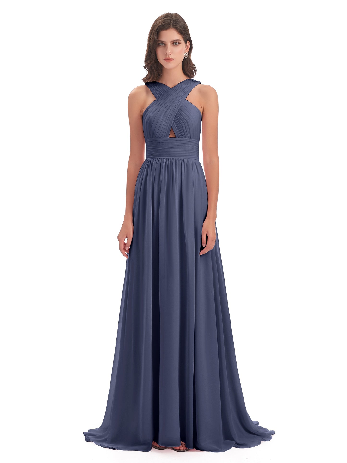 Desiree A-line Sweep Train Chiffon Long Bridesmaid Dresses