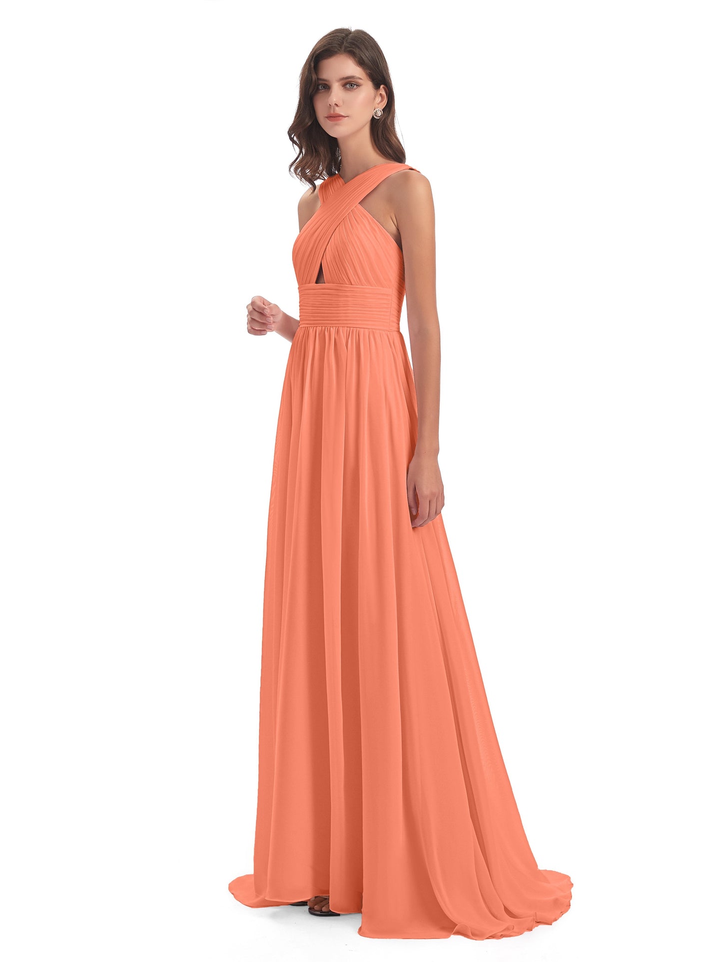 Desiree A-line Sweep Train Chiffon Long Bridesmaid Dresses