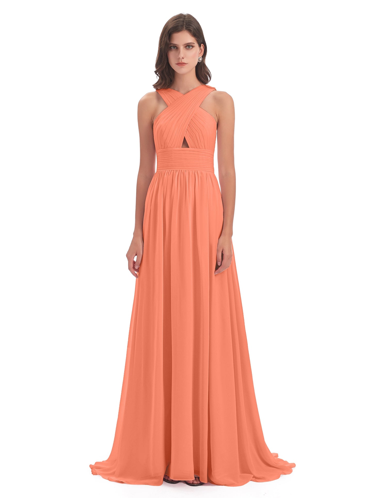 Desiree A-line Sweep Train Chiffon Long Bridesmaid Dresses