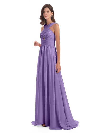 Desiree A-line Sweep Train Chiffon Long Bridesmaid Dresses