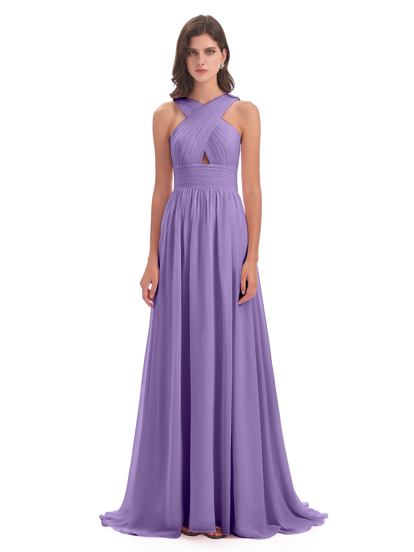 Desiree A-line Sweep Train Chiffon Long Bridesmaid Dresses